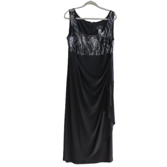ALEX EVENINGS Gray Silver Sequin Ruched Maxi Evening Dress Gown - Size US 16W - Picture 1 of 15